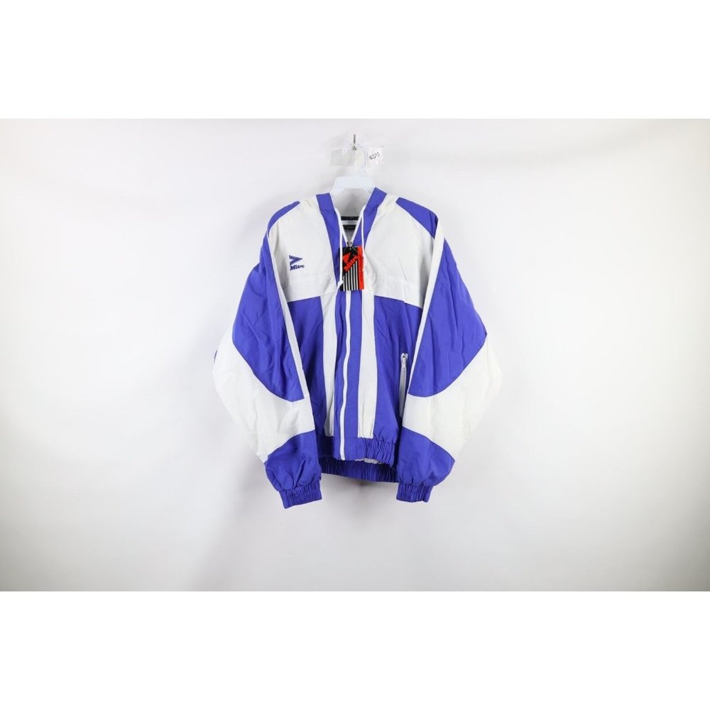 NOS Vtg 90s Mitre Mens Medium Spell Out Color Block Lined Hooded Soccer Jacket